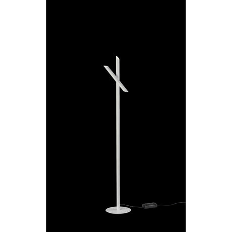 The Take Blanco Dimmable LED Floor Lamp 9W LED 3000K in white features a modern, minimalist design with a circular base, two angled flat panels, a visible cord, and a foot switch—ideal for contemporary interiors.