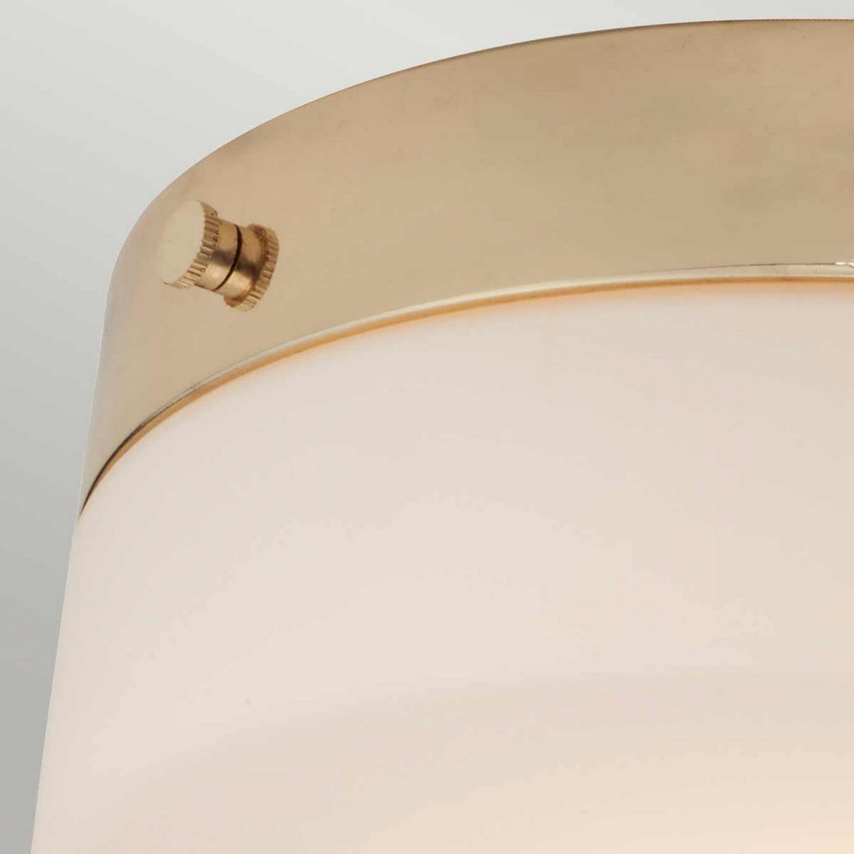 Close-up of the Tamar 1 Light Large Flush, showcasing its cylindrical form with a frosted white glass shade and polished gold rim. The energy-efficient design includes a small knob on the rim, set against a plain light gray background.