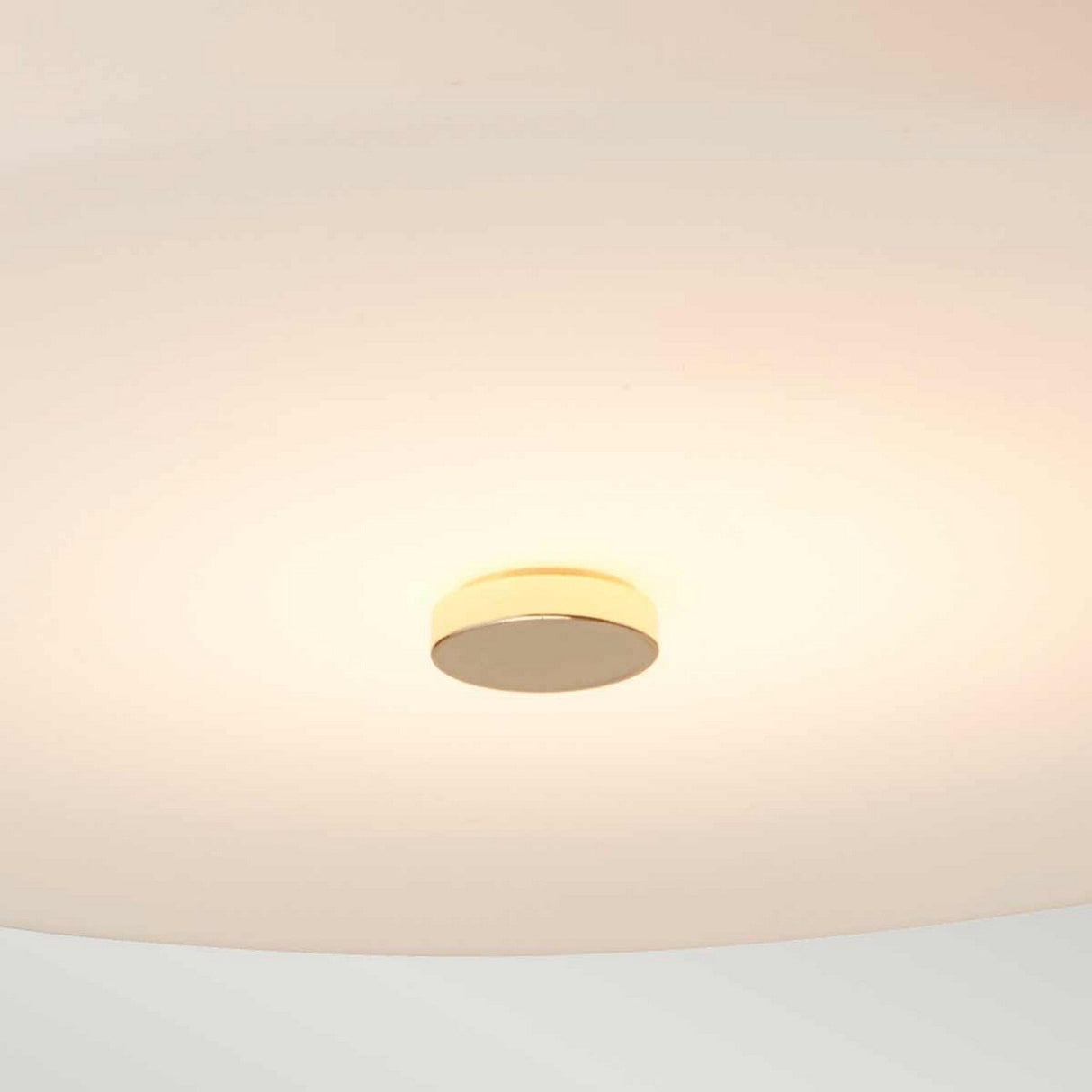 The Tamar 1 Light Large Flush in Polished Gold emits a soft, warm glow against a plain ceiling. This energy-efficient lighting solution features a circular design with a simple polished gold mount at the center, creating a calming ambiance.