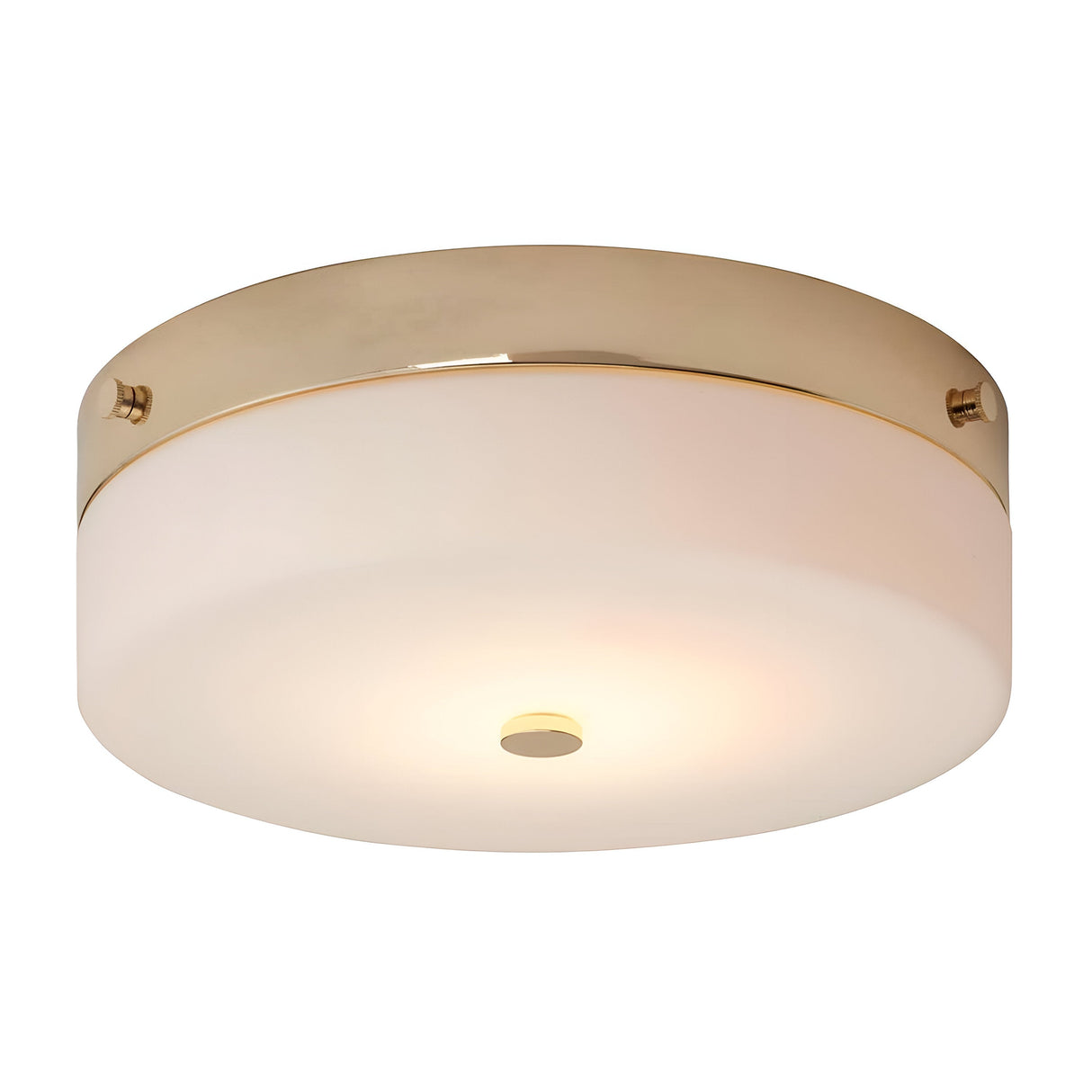 The Tamar 1 Light Large Flush - Polished Gold is a round, modern ceiling light fixture with a polished gold metallic rim and frosted white glass cover, providing an energy-efficient lighting solution that softly illuminates its surroundings.