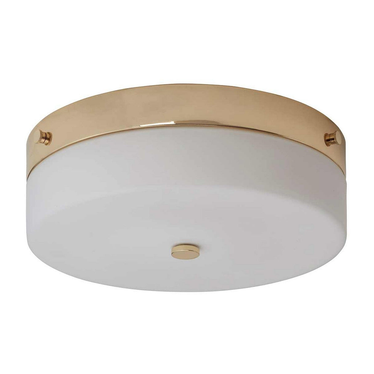The Tamar 1 Light Large Flush - Polished Gold is a ceiling light fixture with a sleek, modern design that provides an energy-efficient lighting solution. It showcases a smooth white frosted glass cover surrounded by a polished gold finish trim and is accented with a small gold knob at the center.