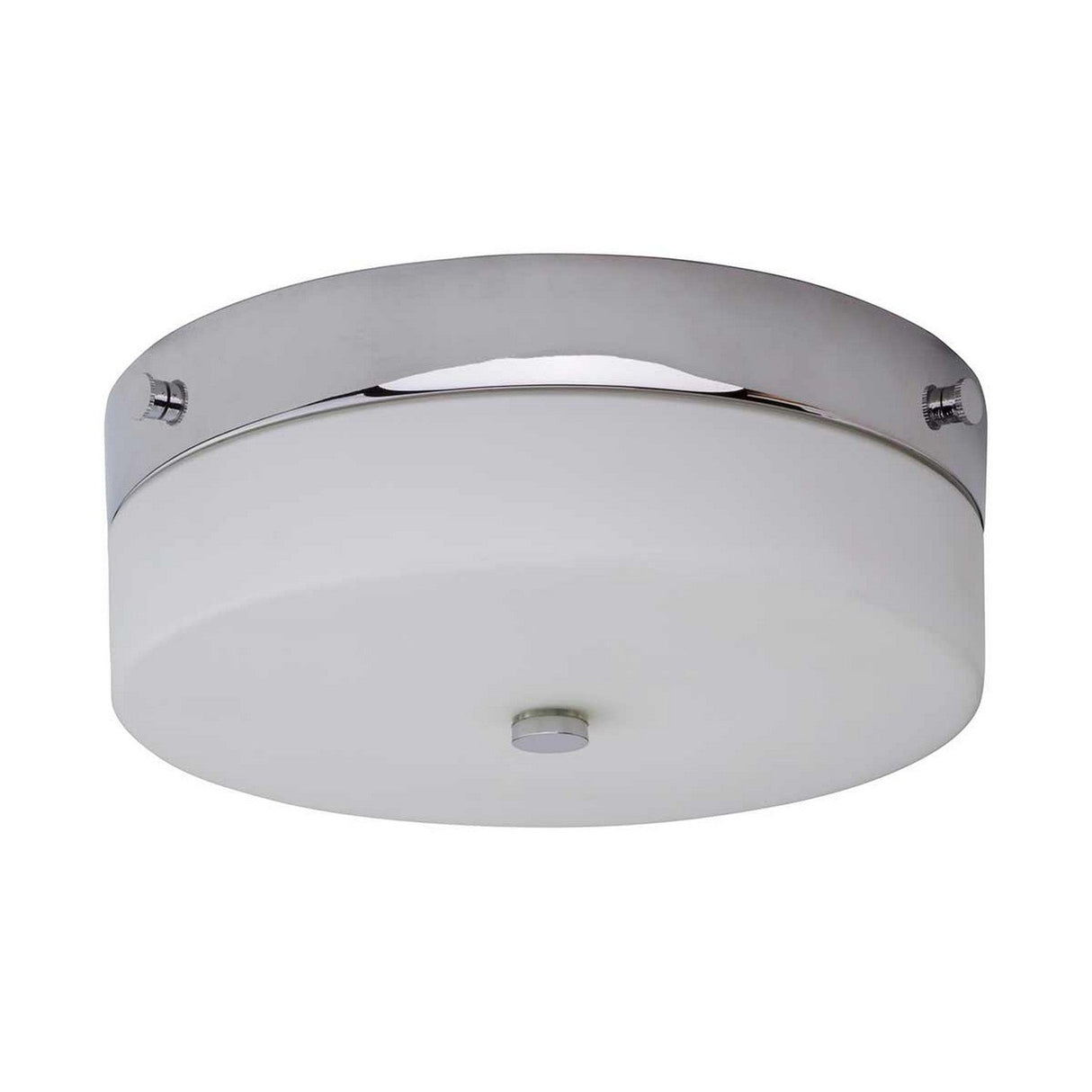 The Tamar 1 Light Medium Flush in polished chrome showcases a contemporary design with an opal glass diffuser and a streamlined frame. Its minimalist style includes a circular cover complemented by a central mounting knob, providing both elegance and functionality.