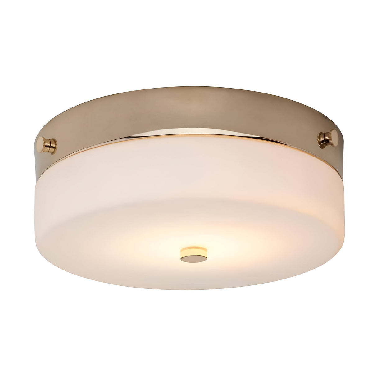 The Tamar 1 Light Medium Flush - Polished Gold showcases a modern design with a round, white frosted glass shade accented by a polished gold rim. Combining simplicity with elegance, it offers soft, warm illumination and boasts an IP44 rating for enhanced durability.