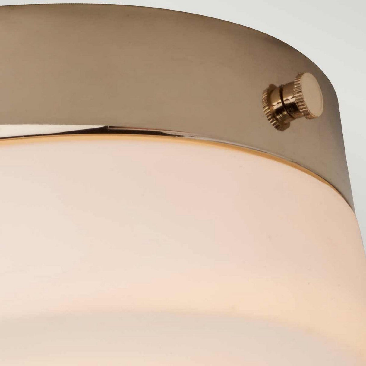 Close-up of the Tamar 1 Light Medium Flush in Polished Gold, featuring a round metallic frame with a matte finish and decorative screw. The light cover, crafted from smooth frosted glass, softly diffuses the light, and its IP44 rating provides durability in damp environments.
