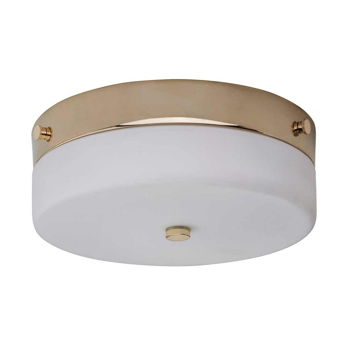 The Tamar 1 Light Medium Flush - Polished Gold showcases a round, flush-mount ceiling design complemented by a white frosted glass shade and a polished gold rim. It features a central gold knob at the bottom, accentuating its modern elegance and making it perfect for sophisticated spaces with its IP44 rating.