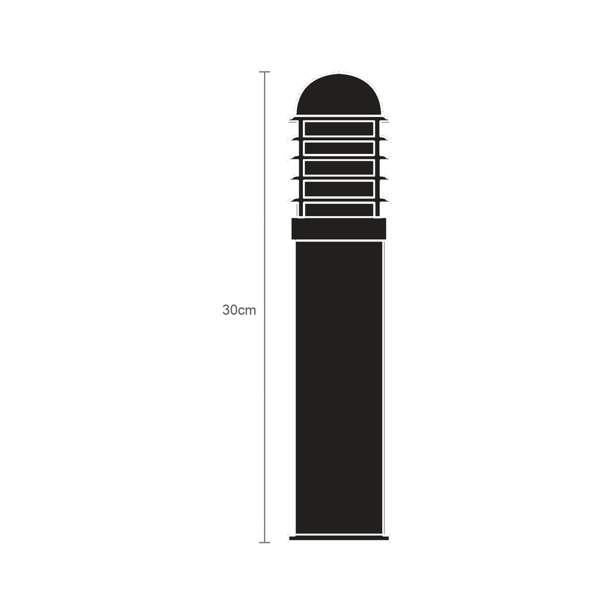 Tambour Louvred cast aluminium outdoor bollard light, 30cm, black finish with domed top, six-fin louvred head, and slim cylindrical pedestal, shown against a plain white background.
