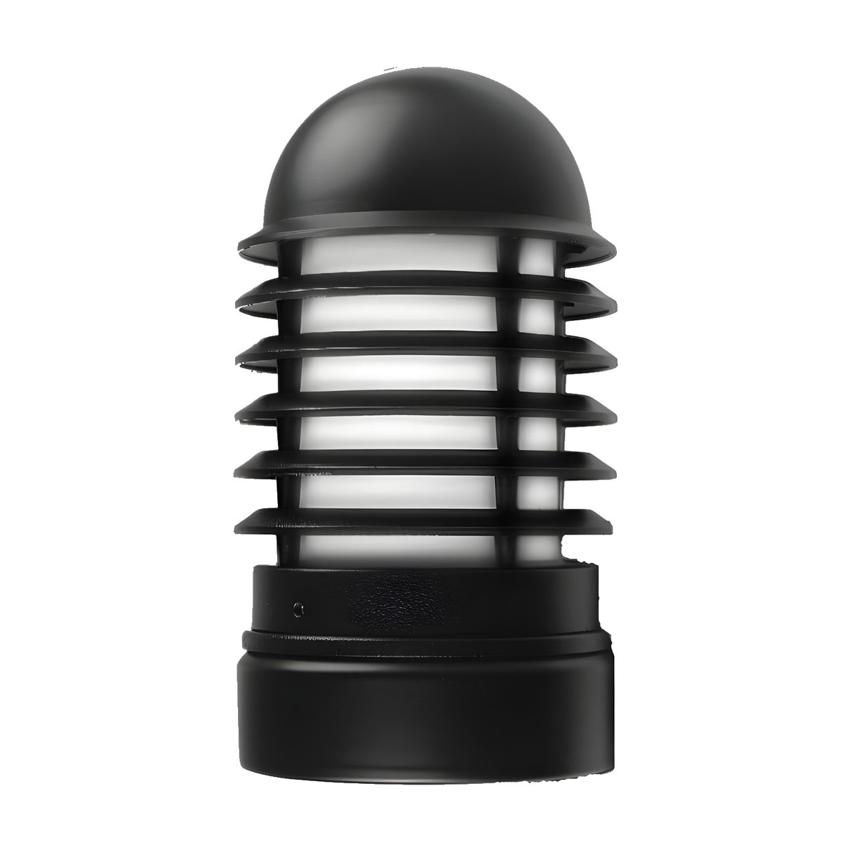Tambour Louvred cast aluminium outdoor bollard light, 30cm, with domed cap, six horizontal louvred fins over an opal cylinder, and cylindrical black base, shown on a plain white background.