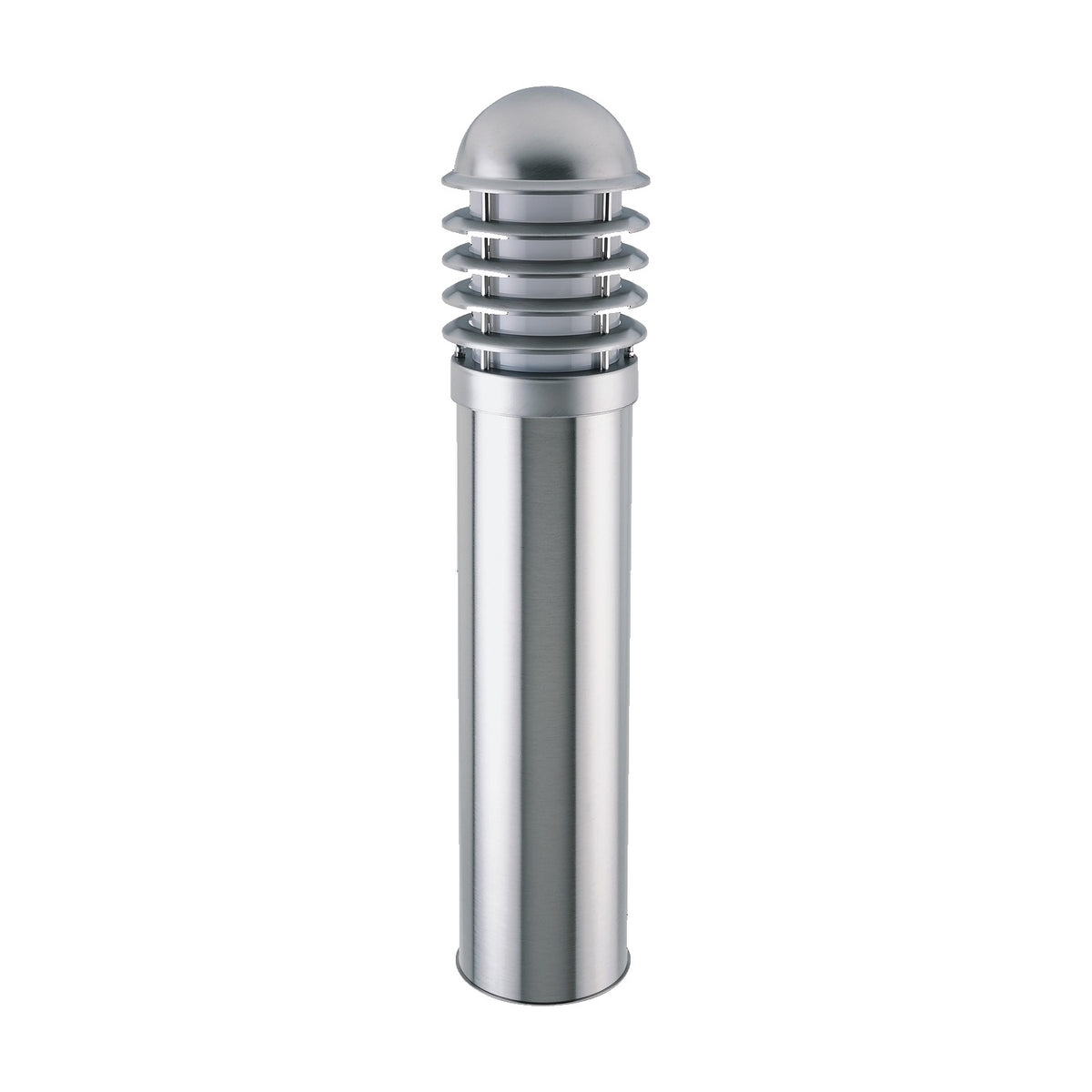 Tambour Steel Louvred bollard light, 75cm stainless steel cylinder with domed top and horizontal louvred vents, on a plain white background.