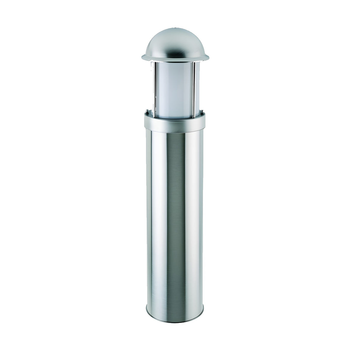 Tambour Steel outdoor bollard light, 100cm stainless steel cylinder with domed top and opal polycarbonate diffuser, shown on a plain white background.