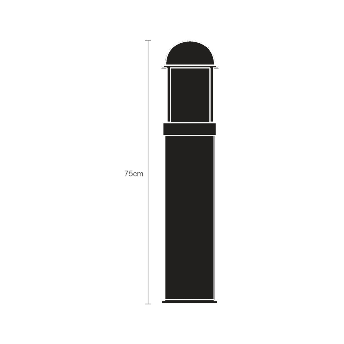 Tambour Steel Outdoor Bollard Light in silhouette, 75cm tall stainless steel cylinder with domed top and opal diffuser panel, shown with height dimension line on a white background.