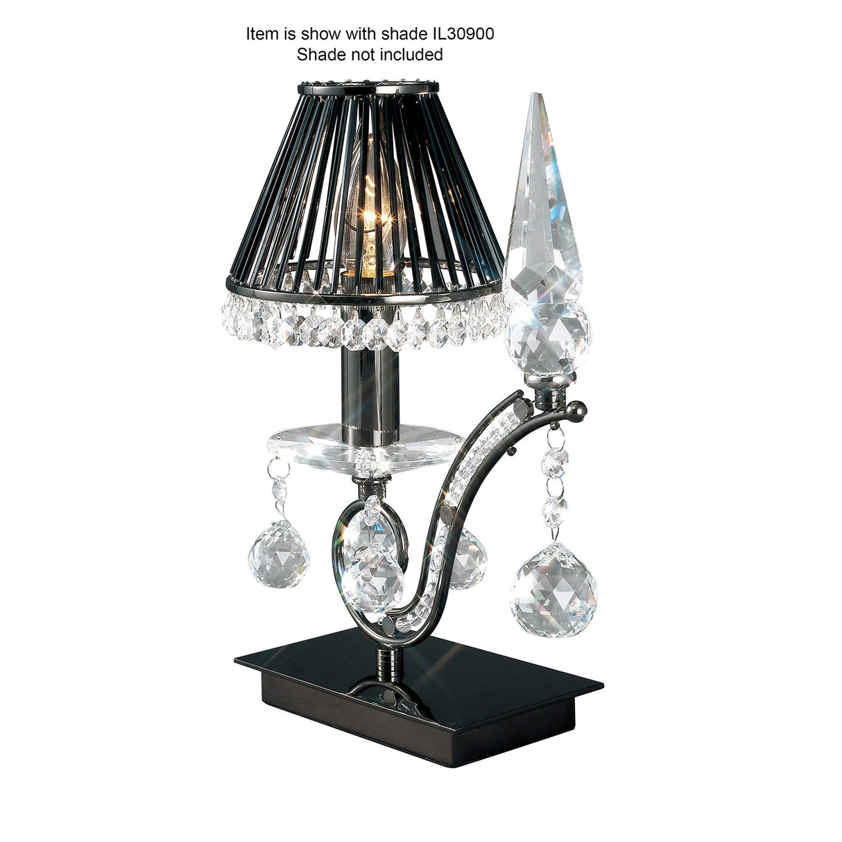 The Tara 1 Light Crystal Table Lamp features a black chrome finish base, crystal ornaments, and hanging pendants. The black wire lampshade shown is for reference only and not included. Ideal for adding stylish decorative lighting to your space.