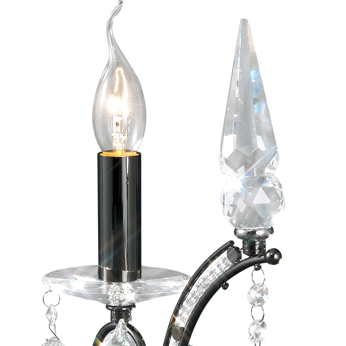 The Tara 1 Light Crystal Table Lamp in Black Chrome showcases a candle-style bulb, faceted crystal accents with hanging beads, and a sleek clear base—ideal for adding elegant decorative lighting to any space.