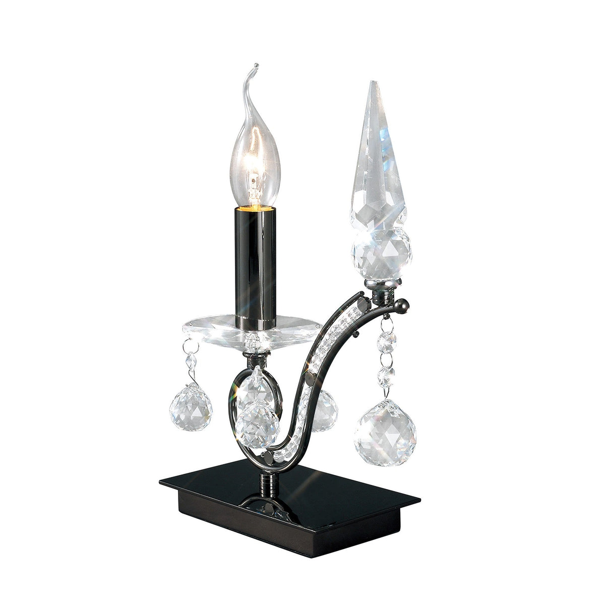 The Tara 1 Light Crystal Table Lamp in Black Chrome features a vintage-inspired design with a flame-shaped bulb and hanging crystal accents, making it an elegant choice for decorative lighting.