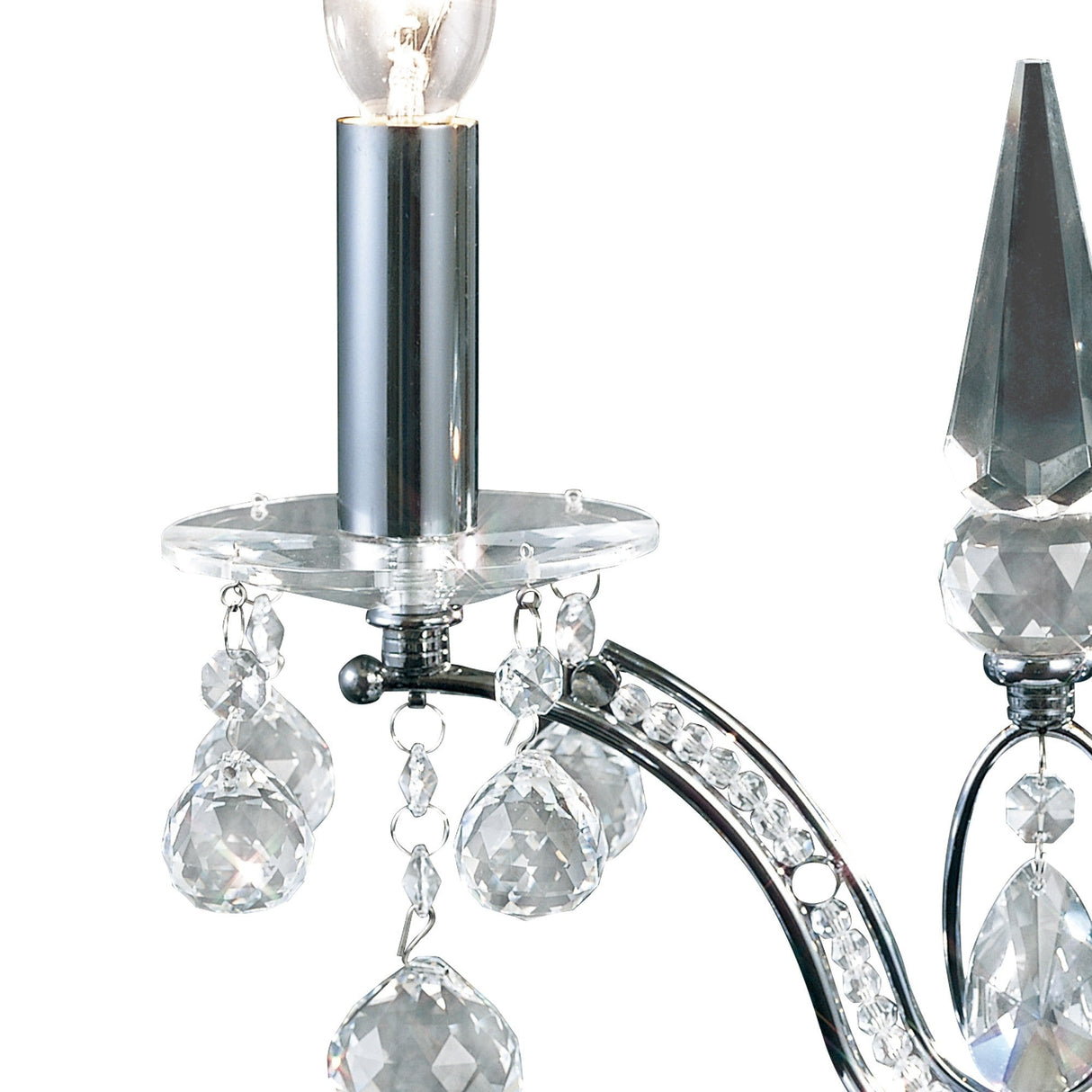 A close-up of the Tara 2 Light Crystal Table Lamp in polished chrome shows its crystal-adorned arm and candle-style bulb, reflecting light beautifully and creating a sparkling effect.