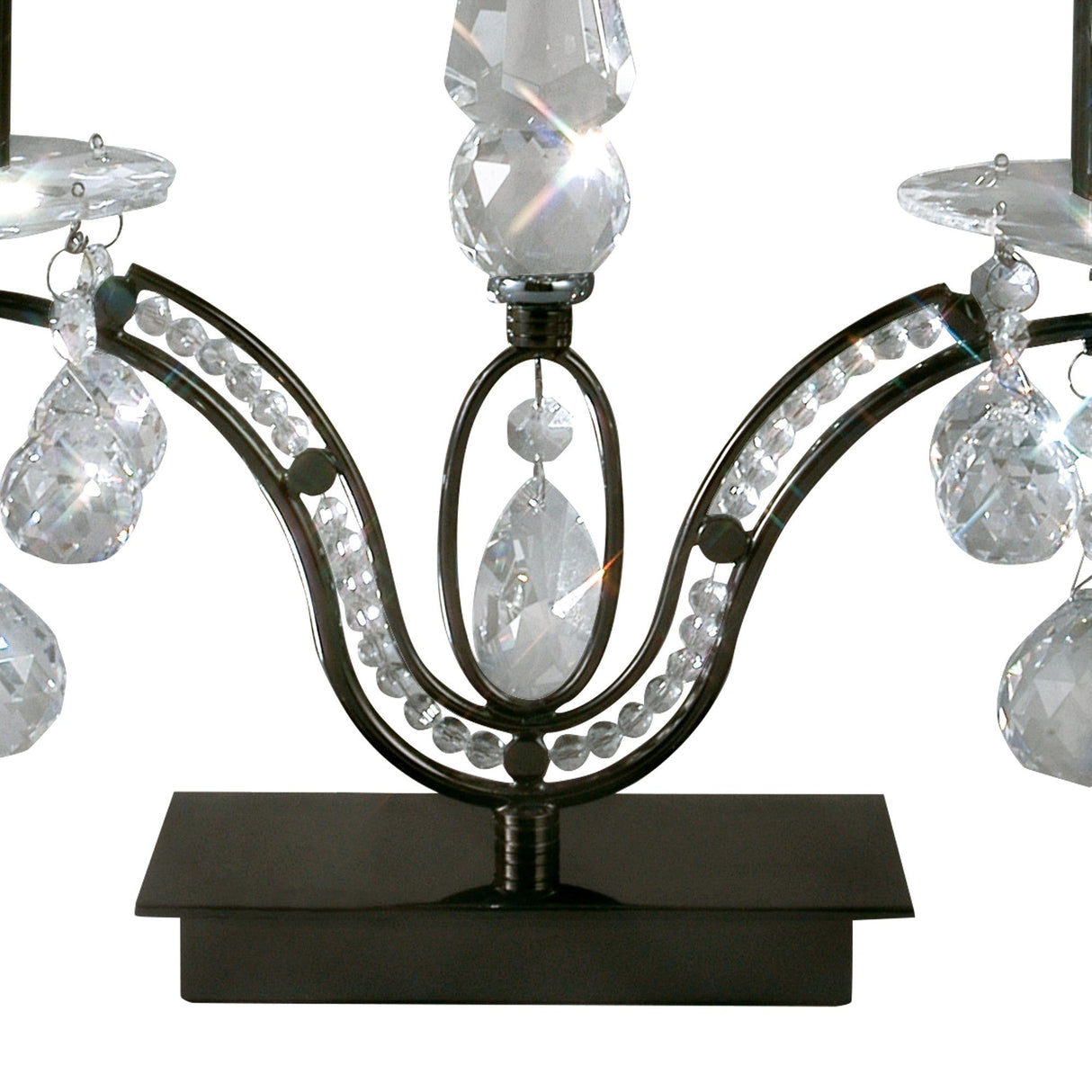 The Tara 2 Light Crystal Table Lamp - Black (Without Shade) features a black chrome arm with hanging clear crystals and beads on a rectangular base, offering elegant ambient lighting.