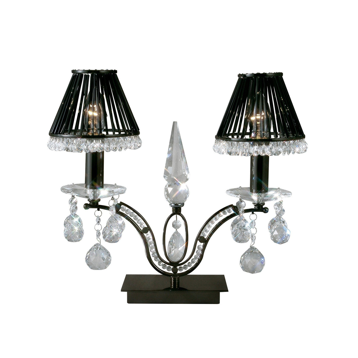The Tara 2 Light Crystal Table Lamp - Black (Without Shade) features a double-arm black chrome design with crystal accents and hanging crystal ornaments on a dark metal base, perfect for adding elegant ambient lighting.