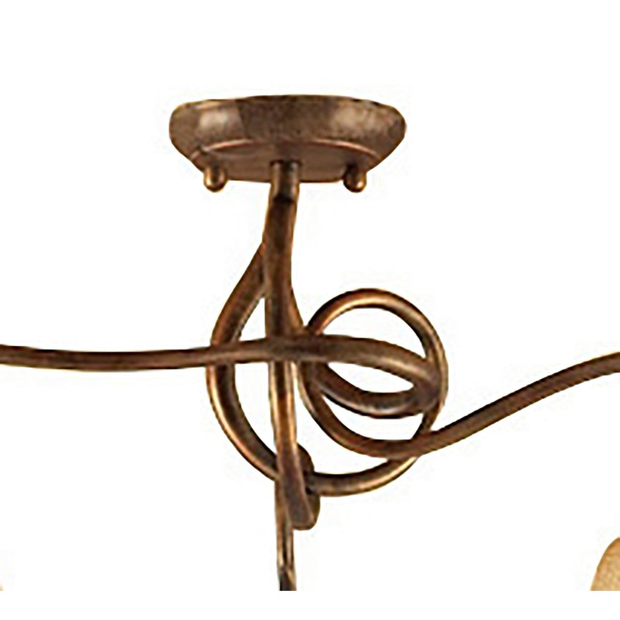 Close-up of the Mantra Tentacle semi-flush ceiling light canopy, showing the rustic gold metal mount and curved arms with a sculptural coiled centre detail.