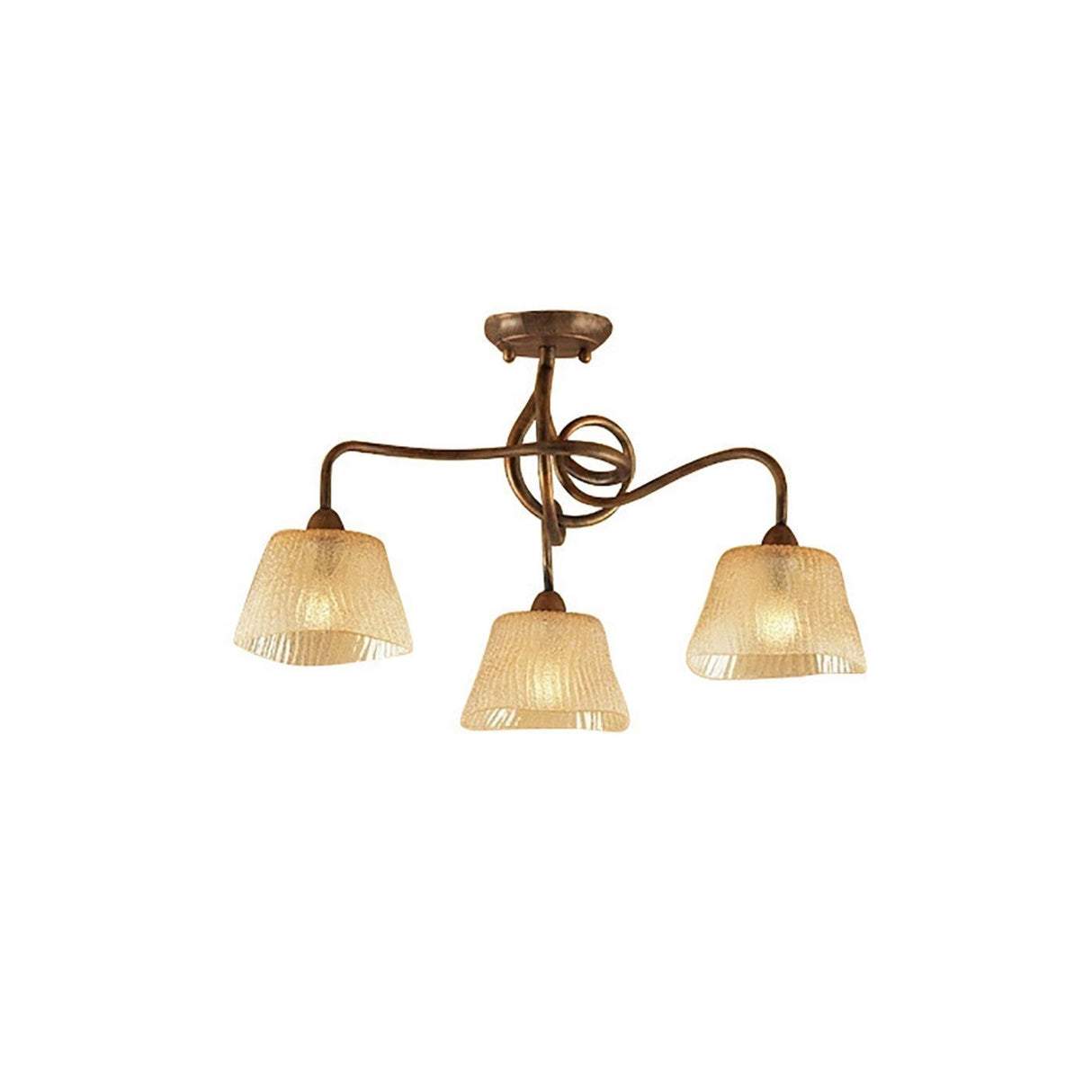 Mantra Tentacle 3 light semi-flush ceiling light with rustic gold curved arms and frosted amber glass shades on a white background.