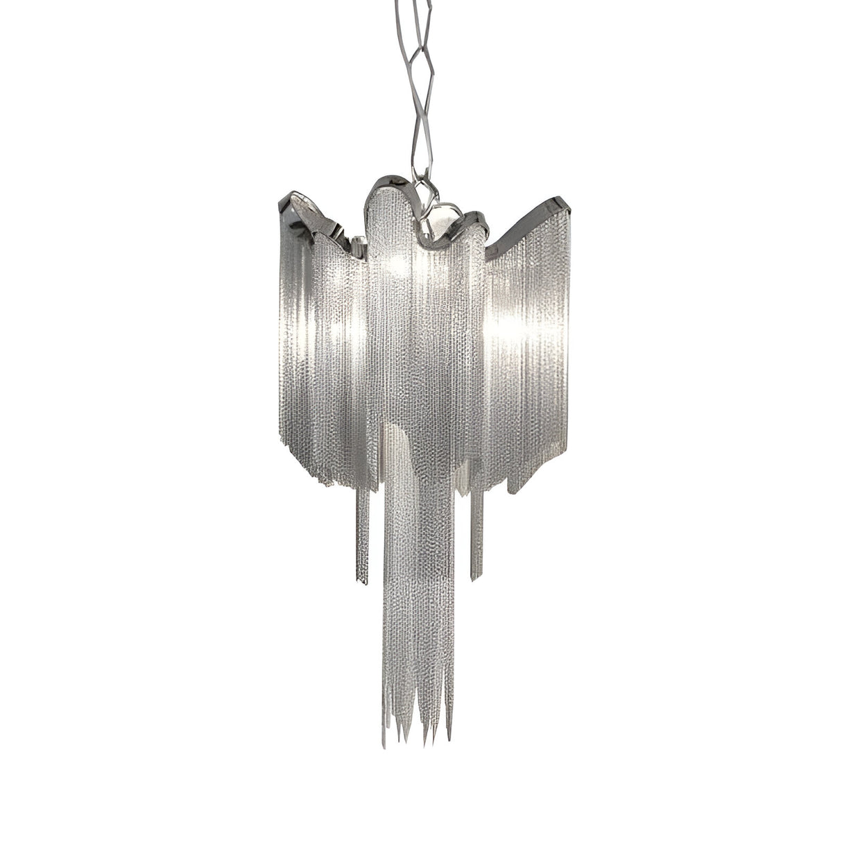 The Ex-Display Terzani Stream Mini 5 Light Chandelier - Nickel showcases cascading nickel chains draped from a central structure. These create an elegant, contemporary look with lights shining through, all suspended from a twisted metal chain.