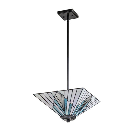 Introducing the Alderley 2 Light Trio Mount Tiffany Pendant in Vintage Bronze, featuring a contemporary design with a square, stained glass shade adorned with geometric patterns in blue and white. It elegantly hangs from a black metal rod connected to a square ceiling mount, delivering an Art Deco allure.