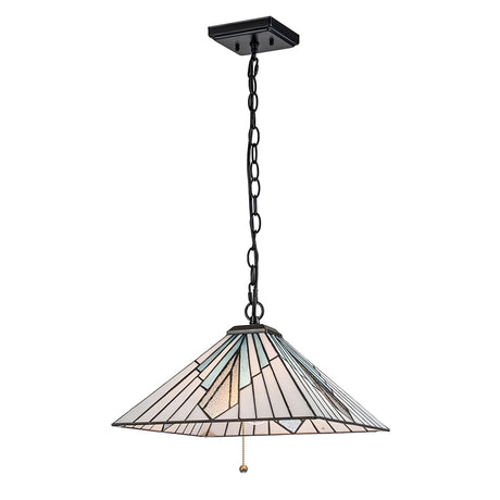 The Alderley 2 Light Tiffany Pendant in Vintage Bronze features a stained glass conical shade, suspended from a black chain and square ceiling mount, showcasing Art Deco styling. Its geometric patterns in muted colors are enhanced by vintage bronze tones and it is equipped with a convenient pull chain switch.