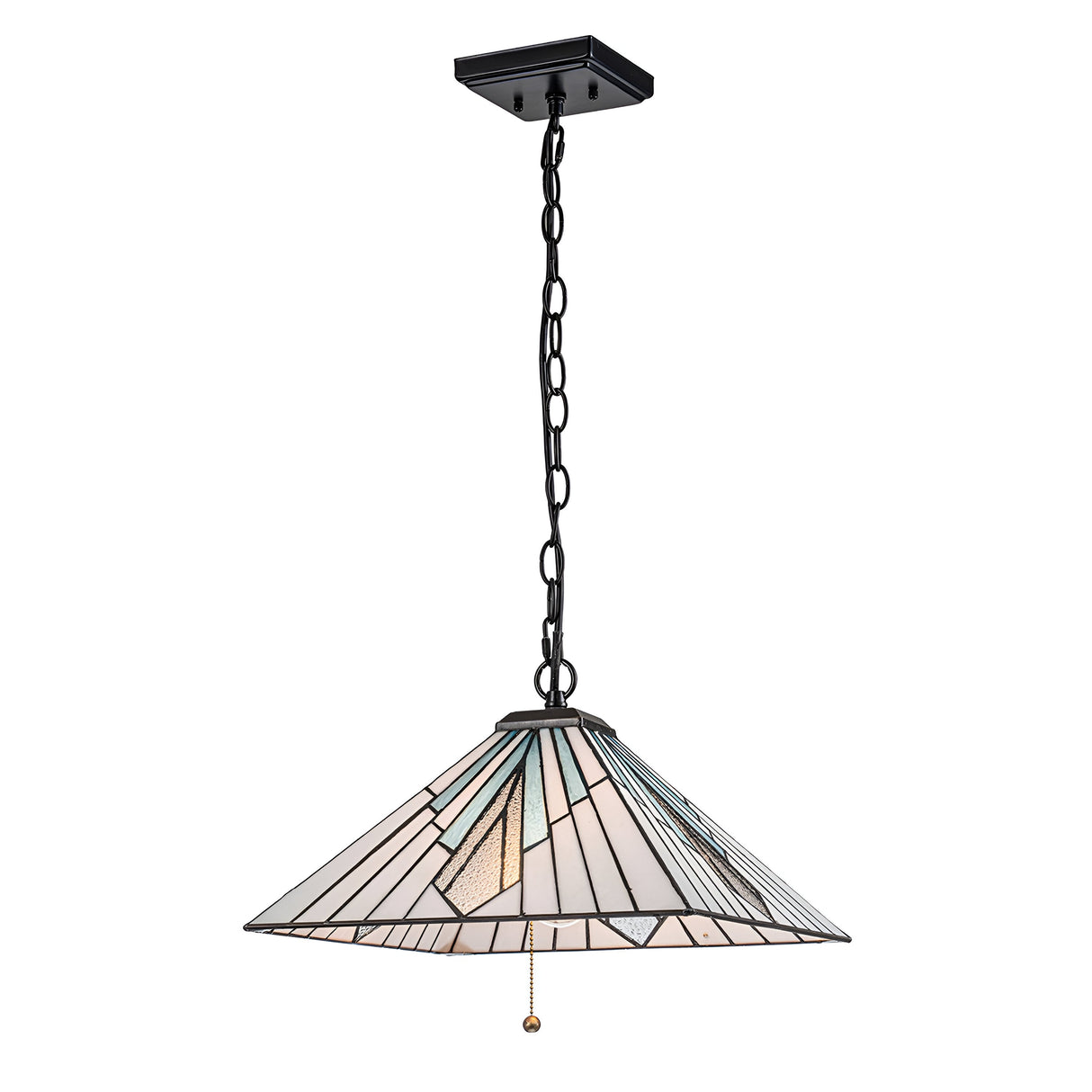 The Alderley 2 Light Tiffany Pendant in Vintage Bronze features a stained glass conical shade, suspended from a black chain and square ceiling mount, showcasing Art Deco styling. Its geometric patterns in muted colors are enhanced by vintage bronze tones and it is equipped with a convenient pull chain switch.