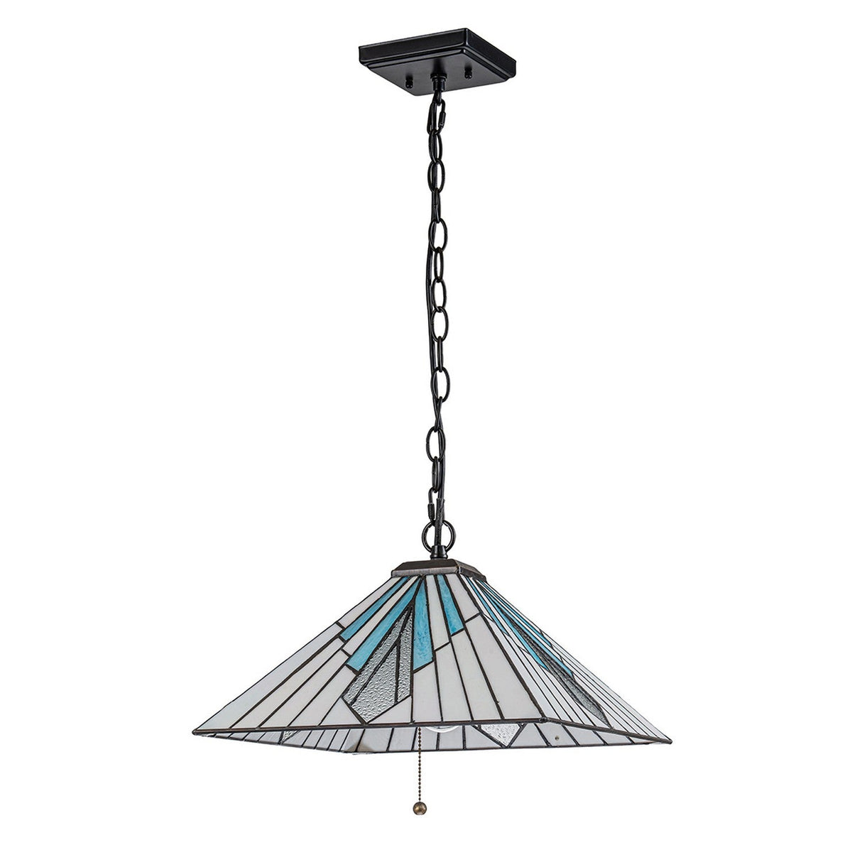 The Alderley 2 Light Tiffany Pendant in Vintage Bronze features a stained glass shade with blue and white geometric patterns that epitomize Art Deco styling. Complemented by a vintage bronze chain and an elegant pull chain at its center, it beautifully combines timeless design with modern functionality.