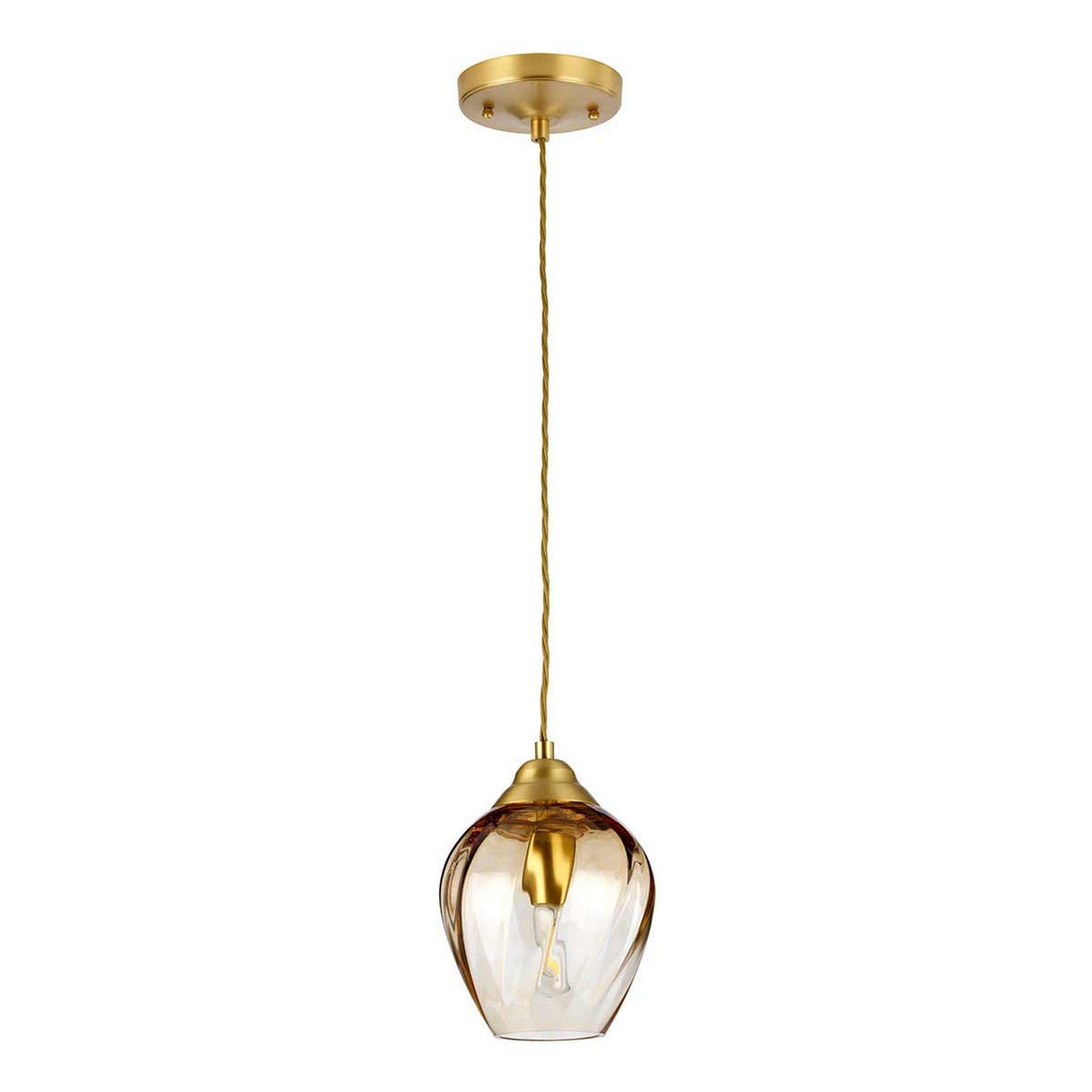 The Tiber 1 Light Pendant, with its brushed brass finish, gracefully hangs from the ceiling. Its twisted cord beautifully complements the amber glass shade, which showcases a visible bulb for a contemporary look.