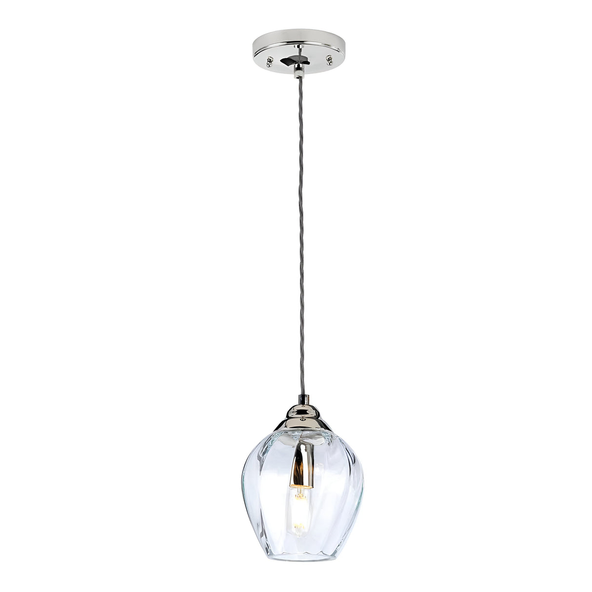 The Tiber 1 Light Pendant - Polished Nickel/Clear Glass boasts a modern design with its clear glass shade and polished nickel fixture. It gracefully suspends from the ceiling on a slender, twisted cord, highlighting an exposed bulb within the glass.