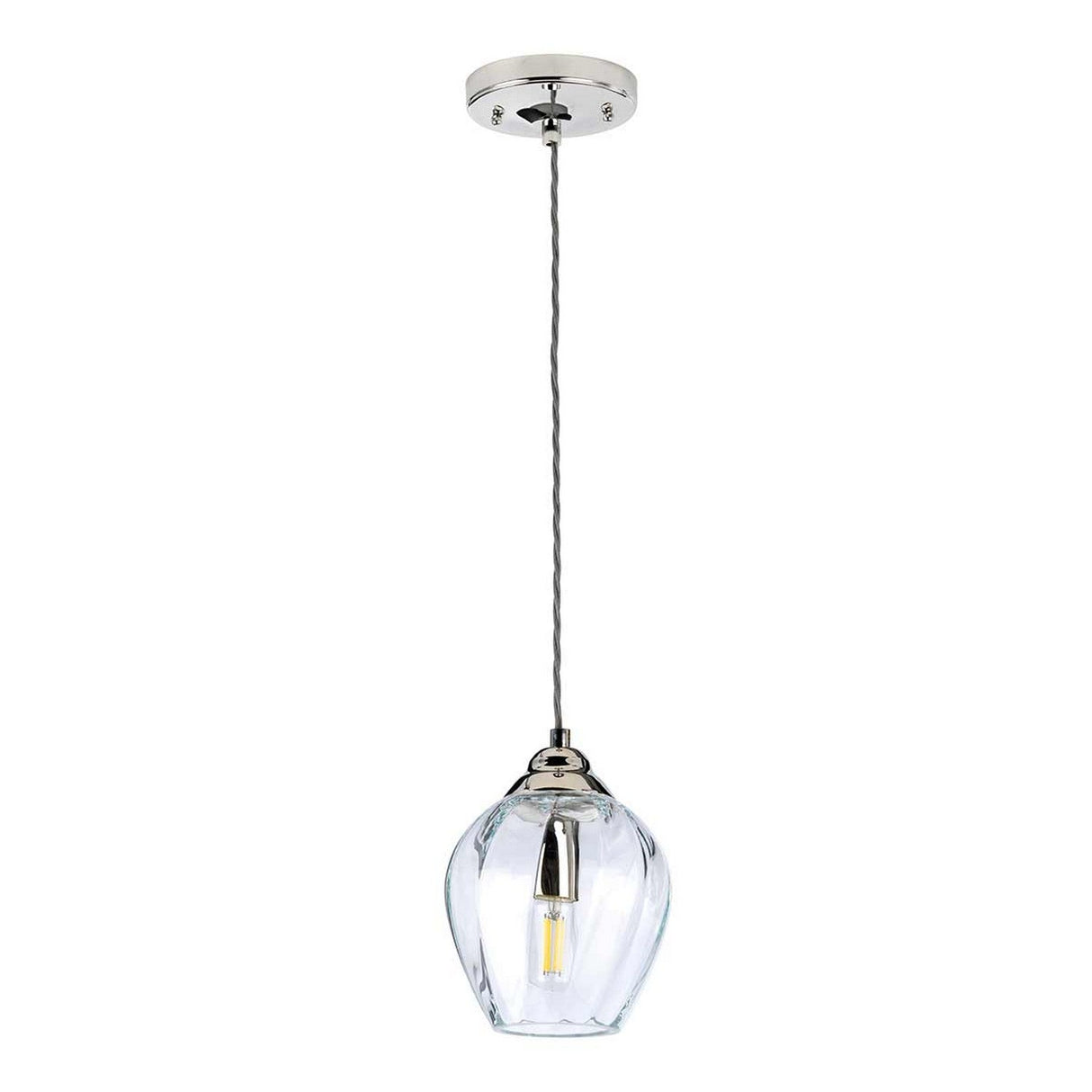 The Tiber 1 Light Pendant - Polished Nickel/Clear Glass boasts a modern design with its clear glass shade and polished nickel finish. Hanging elegantly from the ceiling, its twisted cord reveals the visible bulb inside, infusing any room with a contemporary flair.