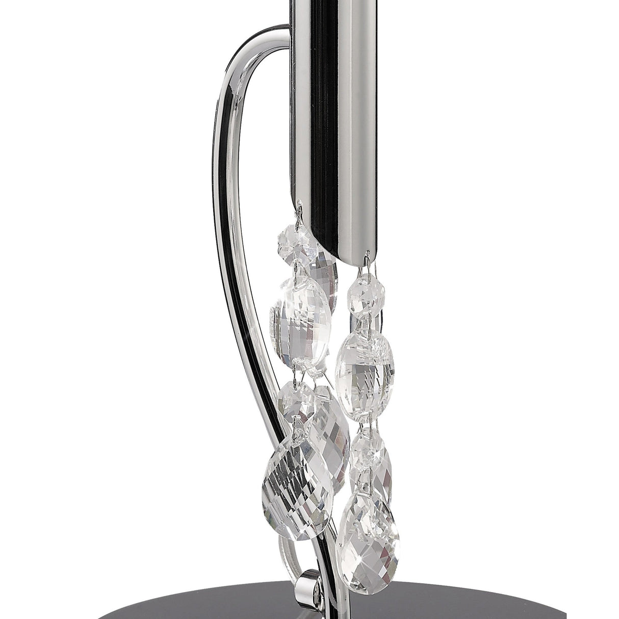 Close-up of the Tiffany 2 Light Crystal Table Lamp—chrome base, bronze shade, and clear faceted crystal ornaments hanging from a curved arm—which reflect light for a touch of elegant, luxurious interior lighting.