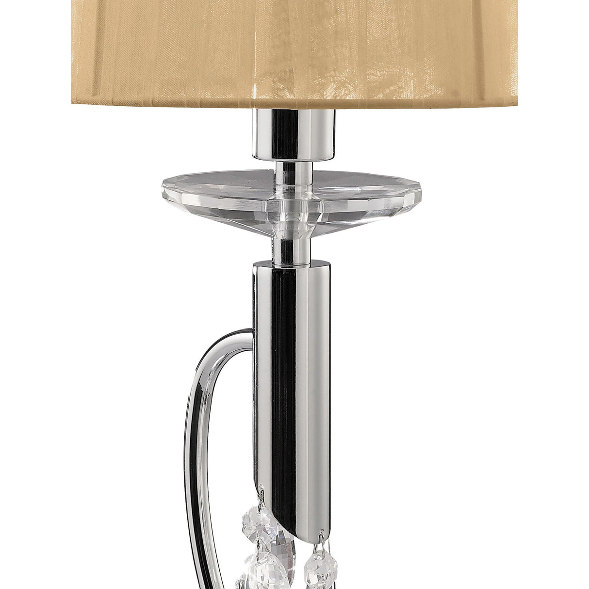 Close-up of the Tiffany 2 Light Crystal Table Lamp with a chrome base, clear crystal accents, and a bronze shade—ideal for adding luxurious interior lighting to any space.