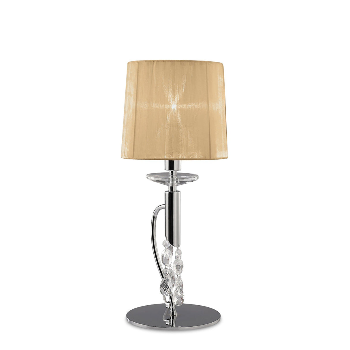 The Tiffany 2 Light Crystal Table Lamp features a shiny chrome base, clear crystal-like accents, and a bronze shade—ideal for adding luxurious interior lighting to any space. Shown here on a white background.
