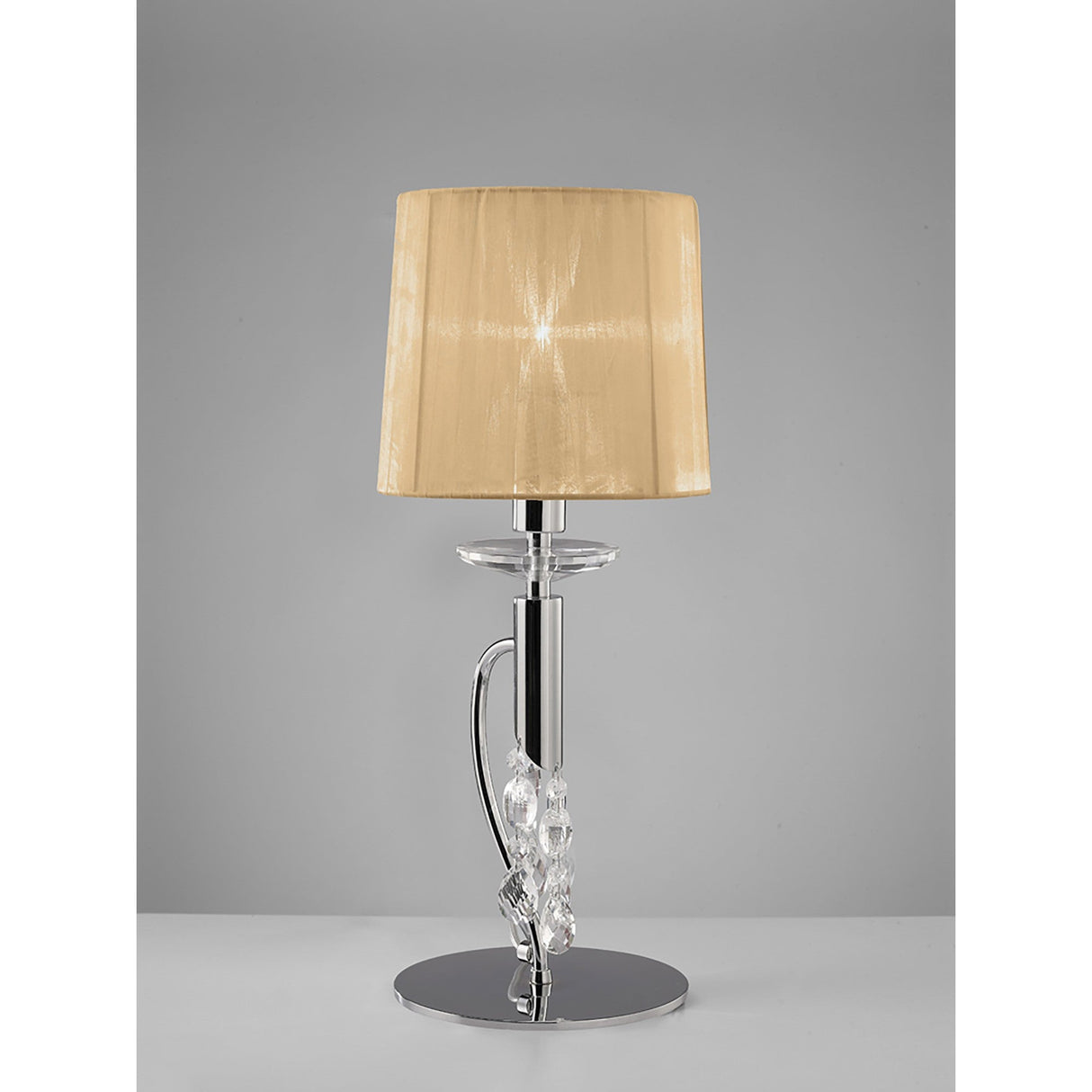 The Tiffany 2 Light Crystal Table Lamp features a sleek chrome base, crystal accents, and a bronze shade—perfect for luxury interiors. Set against a plain gray background.