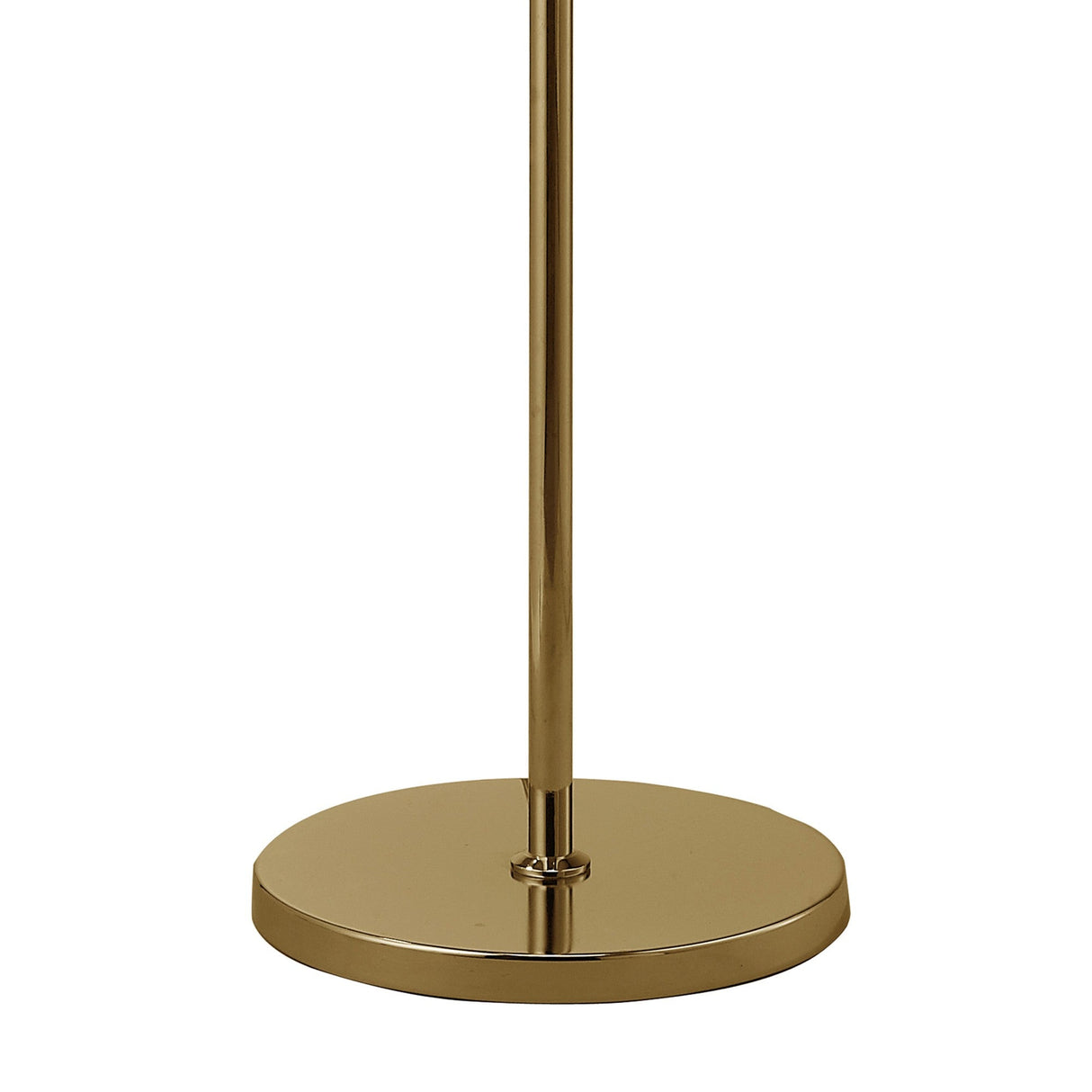 A close-up of the Tiffany 6 Light Crystal Floor Lamp's shiny gold round base, with a matching vertical pole extending upward, paired with a cream shade.