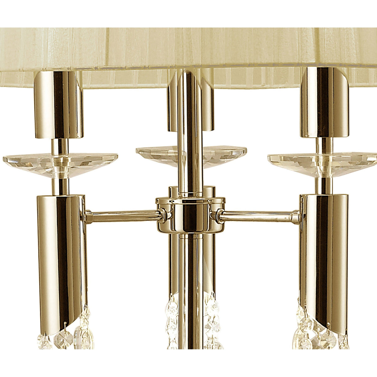 Close-up of the Tiffany 6 Light Crystal Floor Lamp in gold, featuring vertical rods, clear crystal accents, and a cream drum shade for an elegant touch.