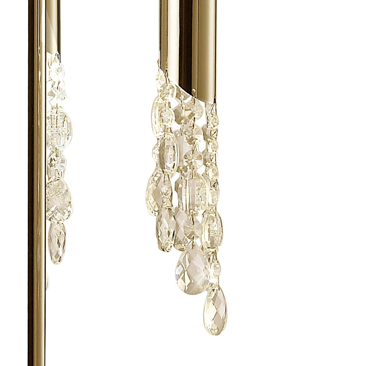 Close-up of the Tiffany 6 Light Crystal Floor Lamp in gold with cream shade, featuring hanging clear crystal pendants that reflect light for an elegant, luxurious look.