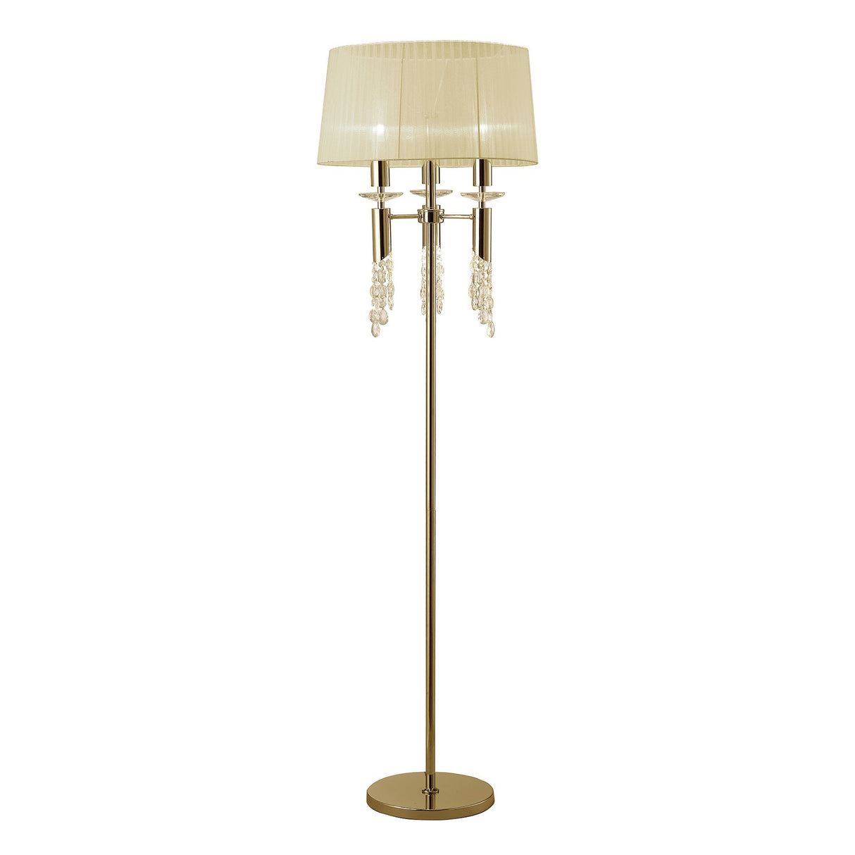 The Tiffany 6 Light Crystal Floor Lamp features a tall gold frame, round base, crystal accents, and a cream pleated fabric shade.