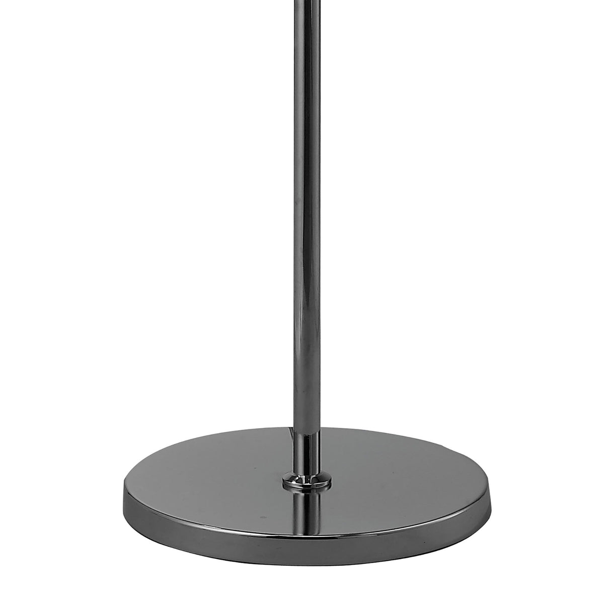 A close-up of the Tiffany 6 Light Crystal Floor Lamp's chrome base, showing its round, shiny silver metal stand with a smooth, reflective surface and a central pole extending upward toward the cream shade.