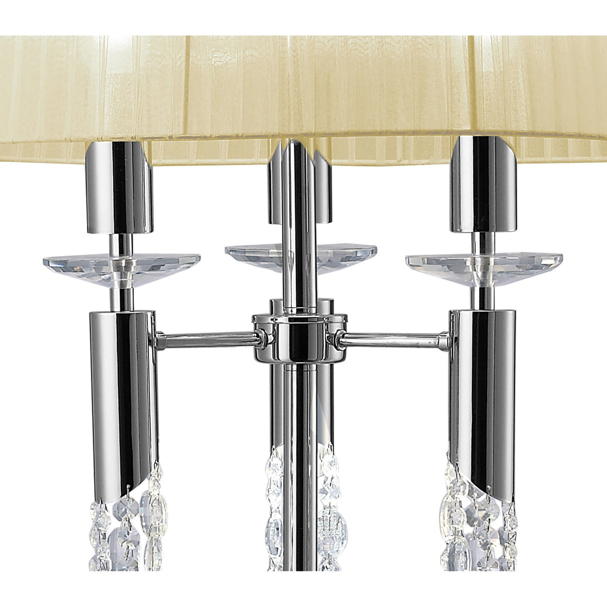 Close-up of the Tiffany 6 Light Crystal Floor Lamp featuring a chrome finish, crystal accents, and a cream pleated shade.