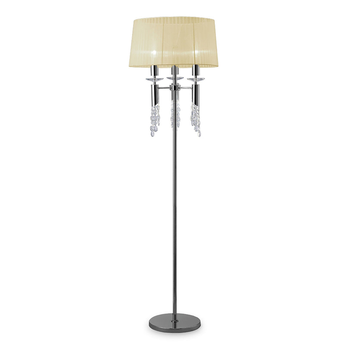 The Tiffany 6 Light Crystal Floor Lamp features a chrome stand, cream shade, and three decorative crystal strands hanging below the bulbs on a round base.