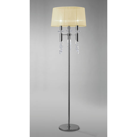 The Tiffany 6 Light Crystal Floor Lamp features a chrome stand, cream shade, and decorative hanging crystal accents, all set against a plain gray background.