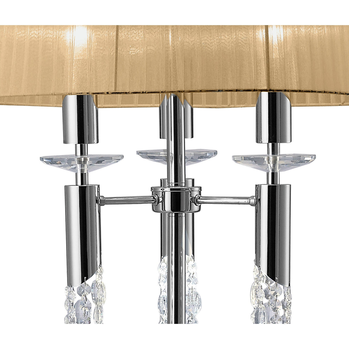 Close-up of the Tiffany 6 Light Crystal Floor Lamp featuring a bronze pleated shade, chrome supports, crystal accents, and hanging clear drops for elegant dimmable lighting.