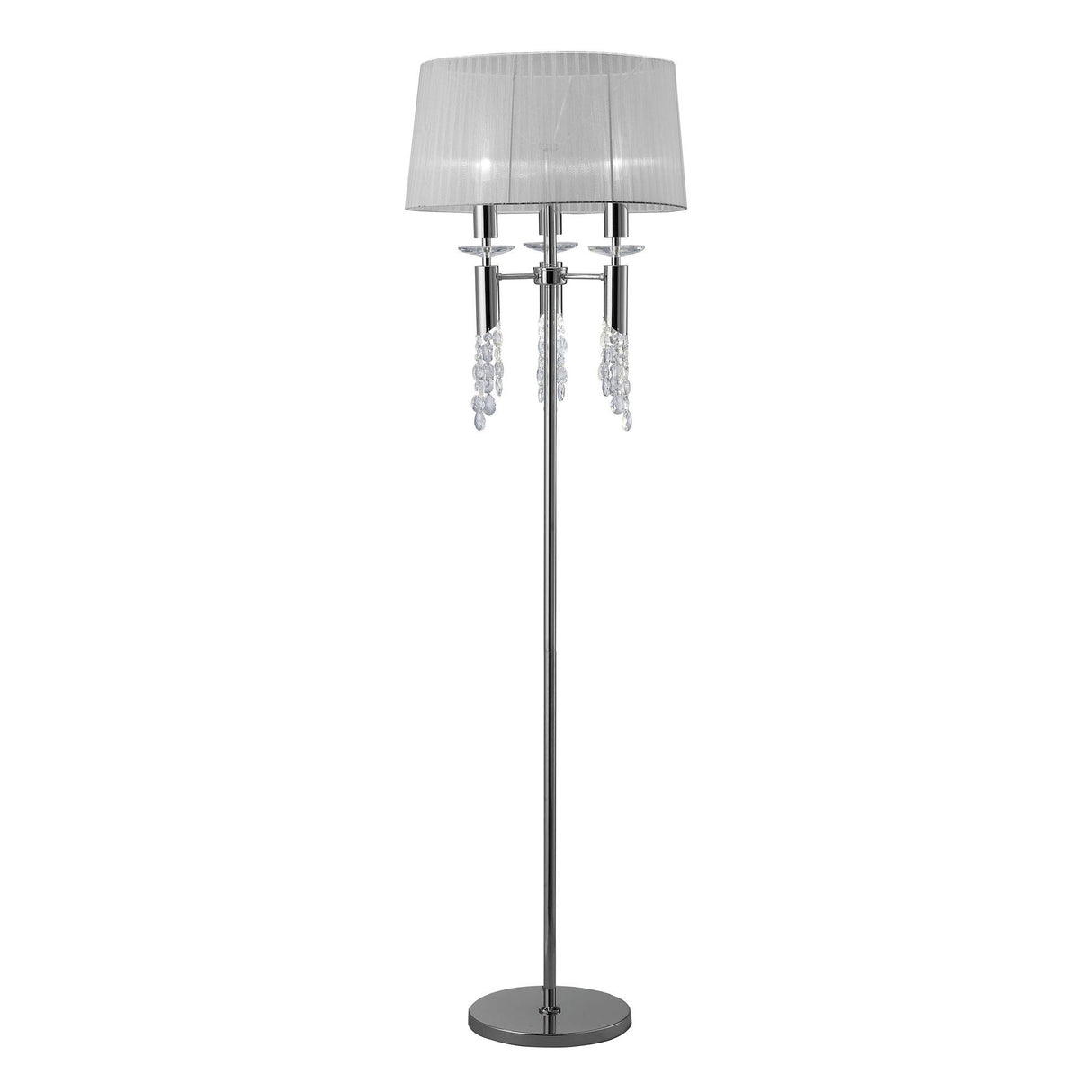 The Tiffany 6 Light Crystal Floor Lamp features a polished chrome stand, round base, white shade, and elegant crystal pendants for a stylish contemporary accent.