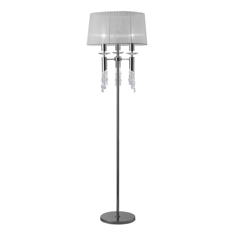 The Tiffany 6 Light Crystal Floor Lamp features a polished chrome stand, round base, white shade, and elegant crystal pendants for a stylish contemporary accent.