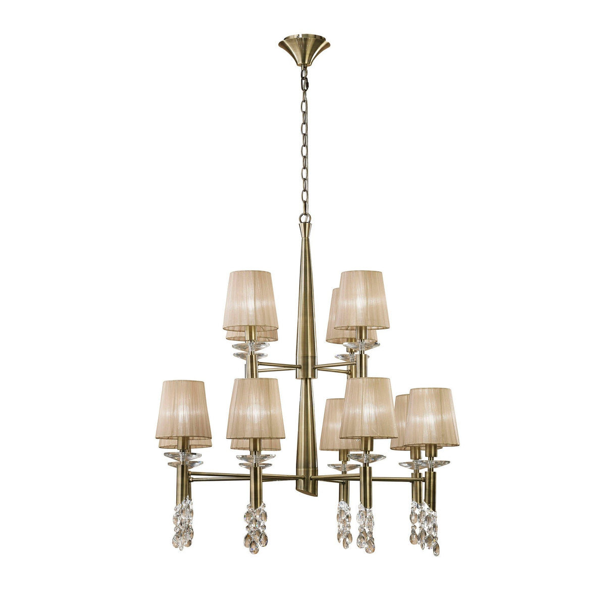 Tiffany 2 Tier 24 Light Crystal Chandelier - Brass With Bronze Shades