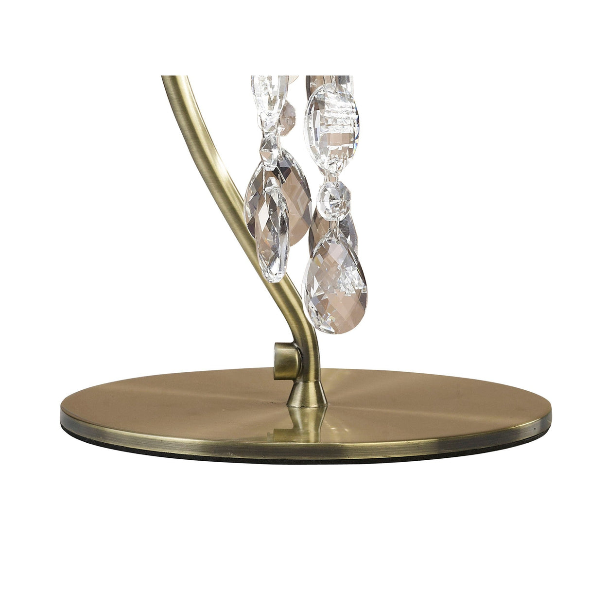 Close-up of the Tiffany 2 Light Crystal Table Lamp, showcasing its round brass base, curved stem, and hanging clear crystal pendants beneath a bronze shade. The lamp is set against a plain white background.