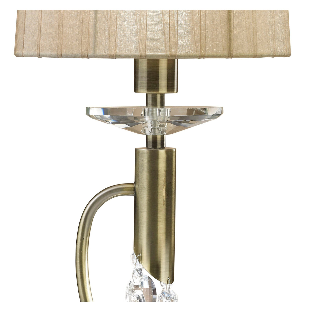 Close-up of the Tiffany 2 Light Crystal Table Lamp, featuring a brass stem, decorative clear crystal accent below the shade, and a bronze-colored lampshade.