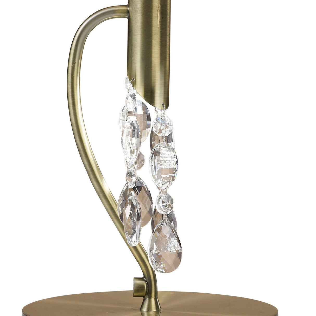 The Tiffany 2 Light Crystal Table Lamp in brass with a bronze shade features a curved arm and clear crystal ornaments, adding an elegant decorative touch above its round brass base.