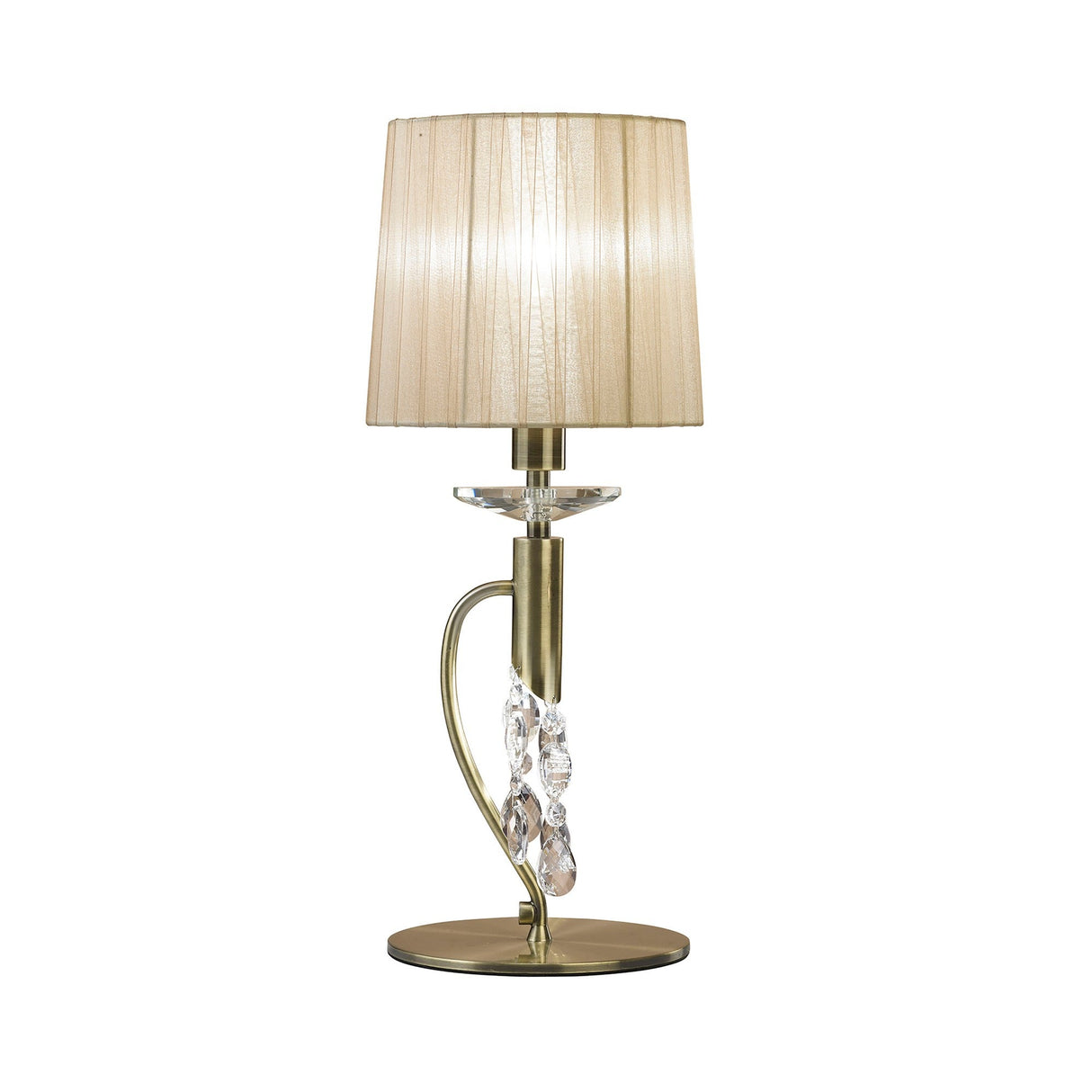 The Tiffany 2 Light Crystal Table Lamp features a brass finish, bronze shade, and decorative crystal accents along a curved stem, adding elegance to any space.